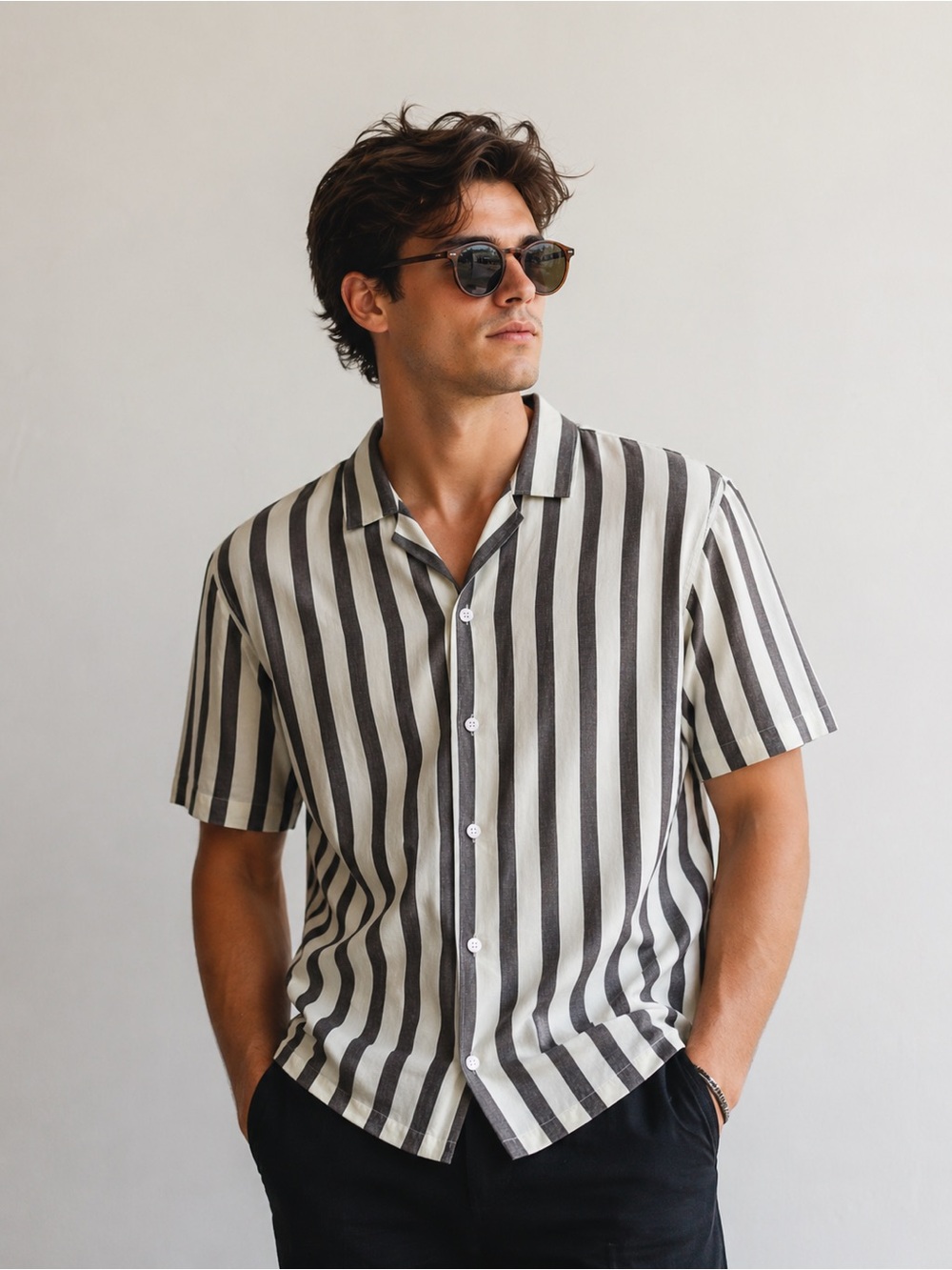 Lindbergh Relaxed Fit Cotton Linen Stripe Short Sleeve Shirt